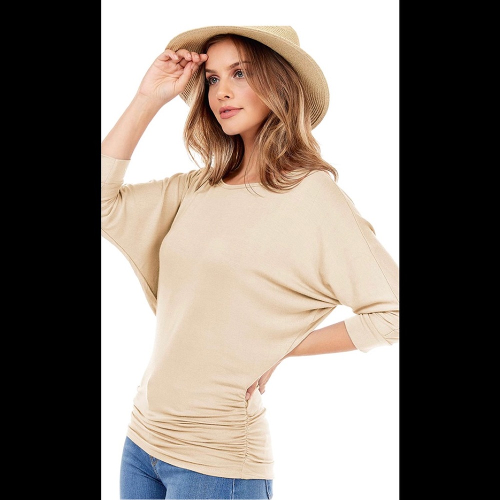 Iliad USA 3/4 sleeve drape with side shirring sz M taupe/beige  NWOT 💛🤍 trendy